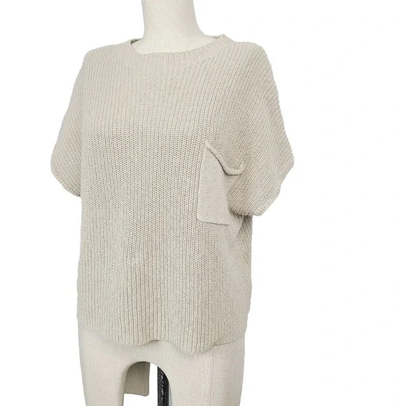 Free People Beach Freya Sweater Beige Cotton Short Sleeve Patch Pocket Top L - Picture 1 of 9
